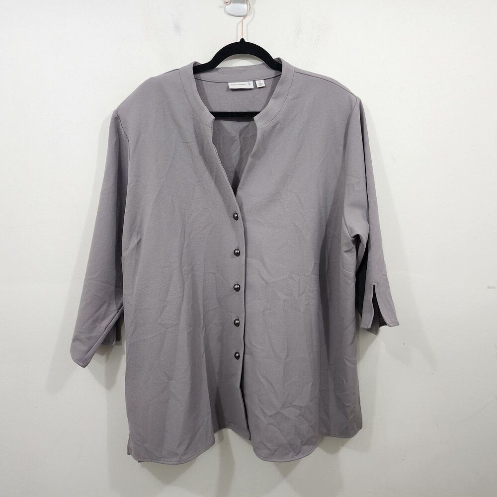 Susan Graver stretch crepe 3/4 sleeve mandarin collar shirt jacket Light Gray 2X